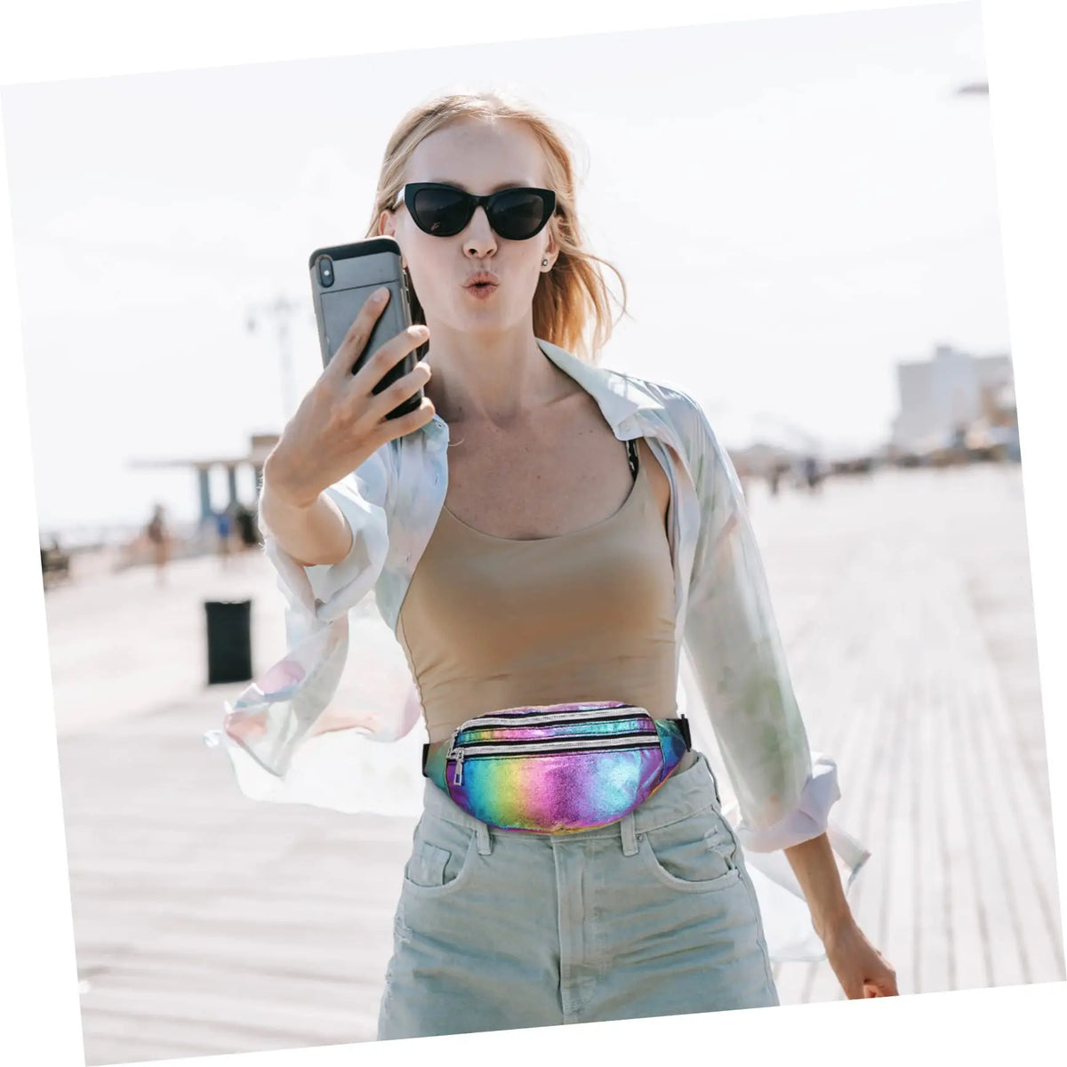 DX Holographic Fanny Pack Hologram Waist Bag Laser Beach Travel Banana Hip Bum Zip Waist Bags Women Belt Bag For Girls