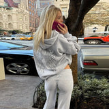 Casual Sequin Wings Hooded Sweatshirt Pant Set Women Solid Loose Full Sleeve Pullover Suit 2026 Spring Autumn Lady Daily Outfit