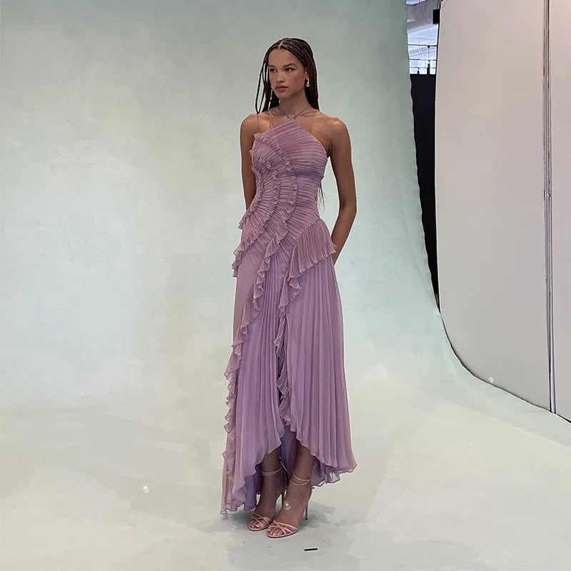 Elegant Lotus Edge Halter Maxi Dress