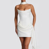 Strapless Corset Mini Dress – Draped Satin with Scarf