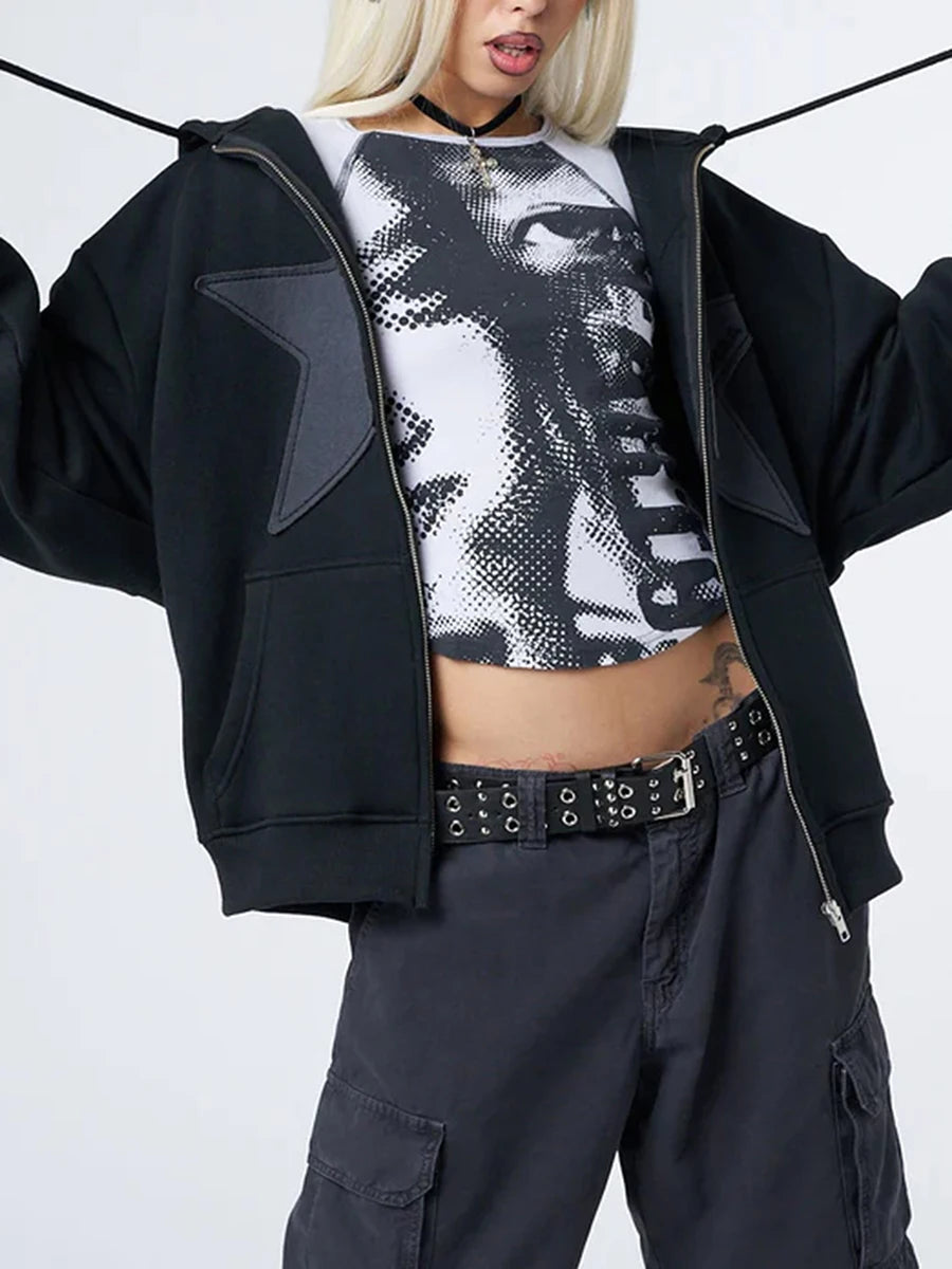 Women's Y2K Star Print Zip-Up Hoodie