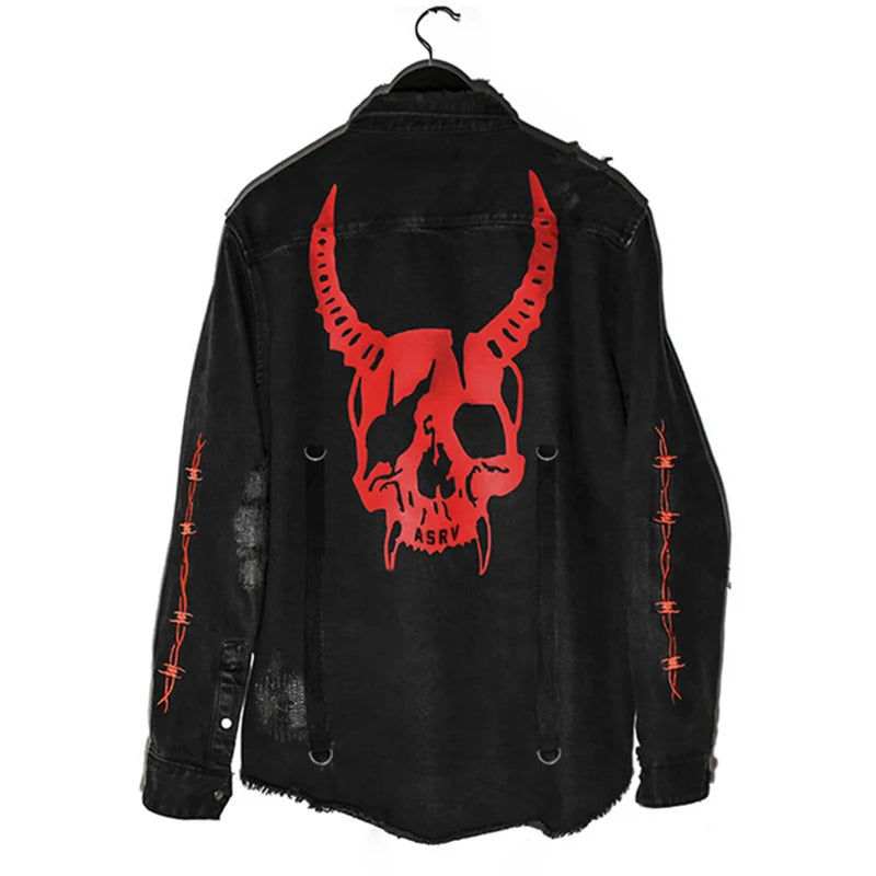 Skull Printing Denim Jacket Mens Harajuku Gothic Coats Vintage Halloween Clothes Spring Autumn Lightweight High Street Jacket