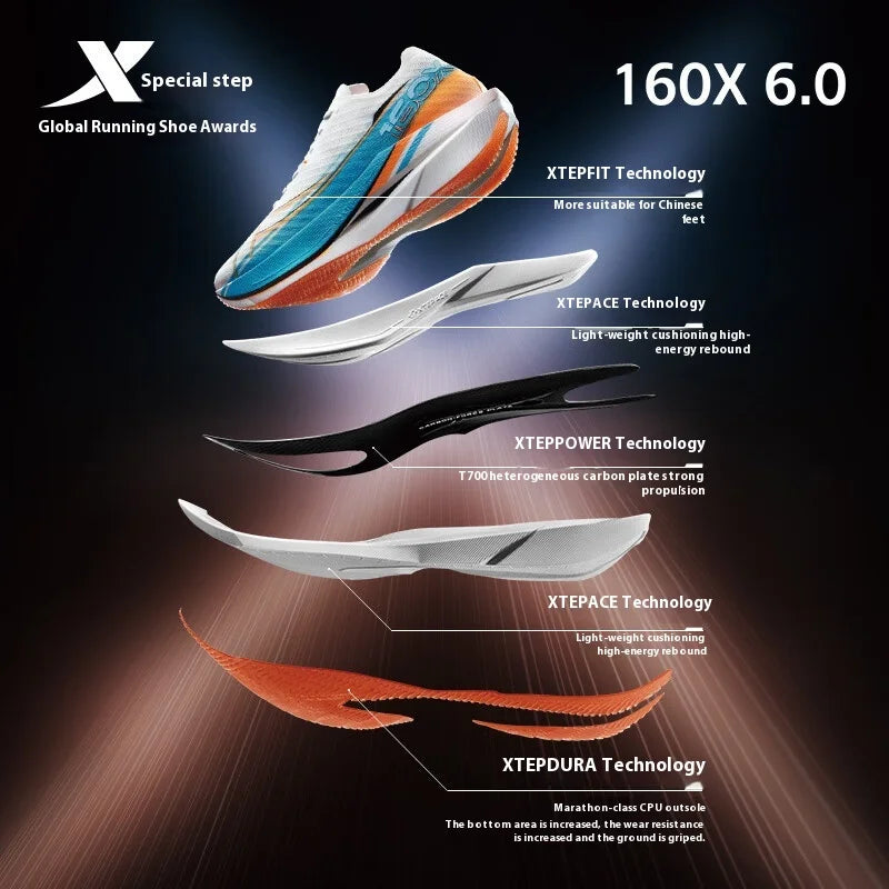 Xtep 160X 6.0 Running Shoes Professional Marathon PB Carbon Plate For Men Cushioning Shock Absorption Sneakers 976319110057