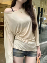 Sheer Oversized Off-Shoulder Long Sleeve Tee | Back Ribbon Detail