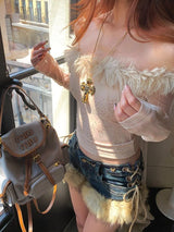 Retro Y2k Low-Rise Denim Shorts – Winter Fluffy Feather Splicing Slim Hot Pants