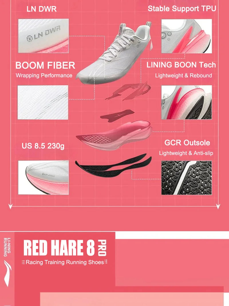 Li-Ning Women's RED HARE 8 PRO Racing Running Shoes BOOM Cushion LN DWR Water Repellent LiNing Training Sneaker ARPV016