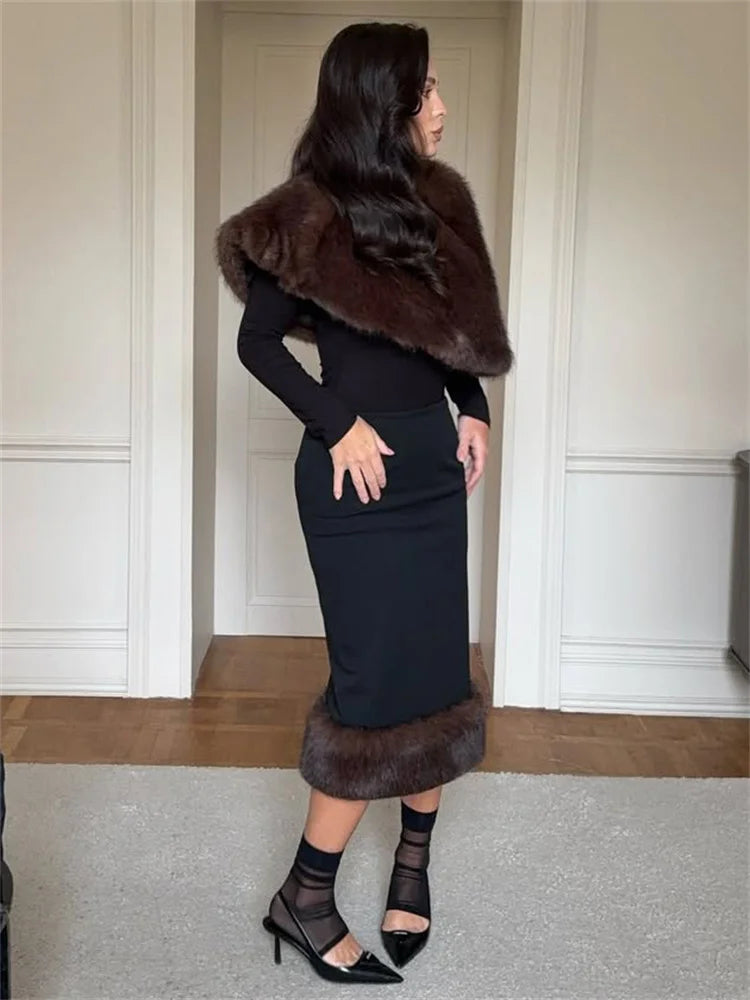 Elegant Fur & Feather 2-Piece Maxi Set