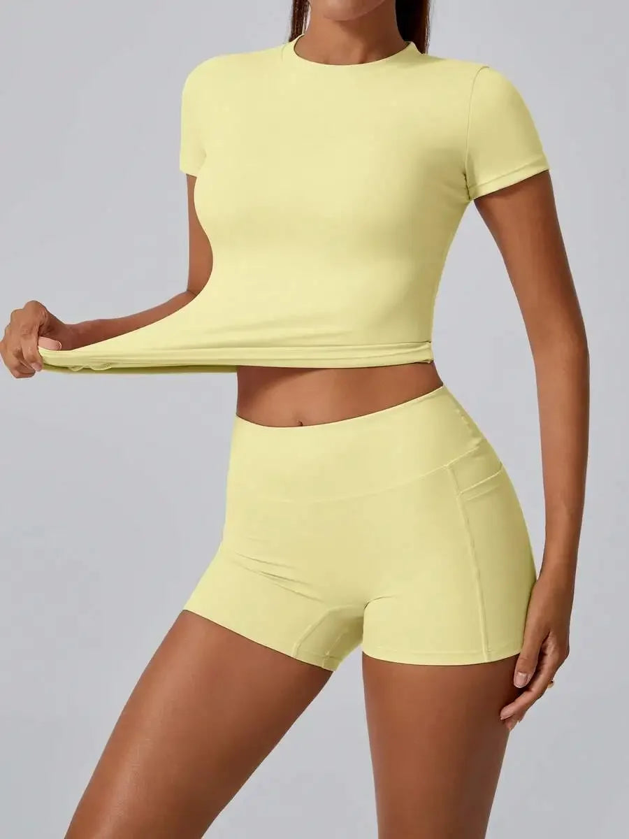 Women's Sculpting Sports Short Sleeve & High-Waist Shorts Set