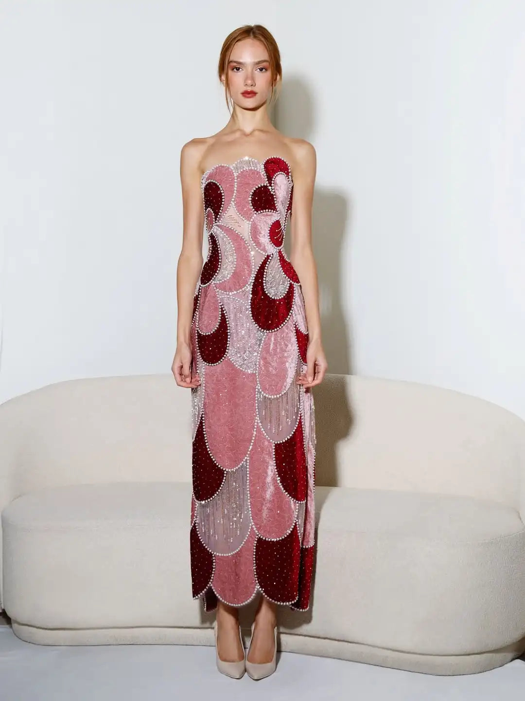 Ofherown 2026 Burgundy Pink Strapless Beaded Evening Dress Velvet Patchwork Formal Prom Gown for Party Red Carpet Customized