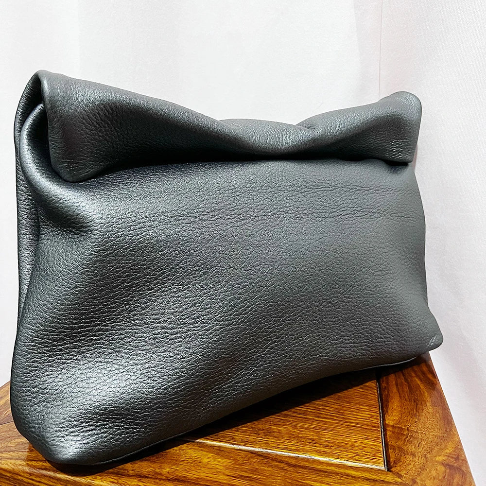 100% Genuine Leather Cowhide Handbag High Quality Leather Women's Foldable Designer Handbag Simple Magnet Handle Bags