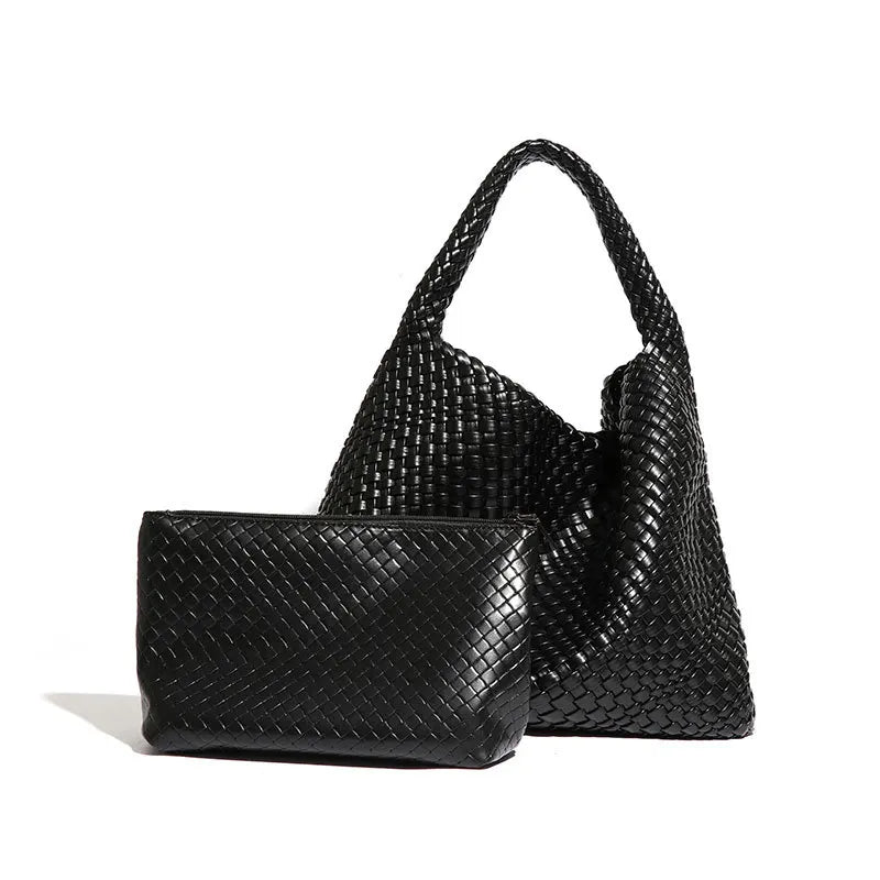 2025 Women Bag Luxury PU Leather Handbag Lady Fashion Handmade Knitting Tote Female Hand-woven Basket Shoulder Bag with Purse