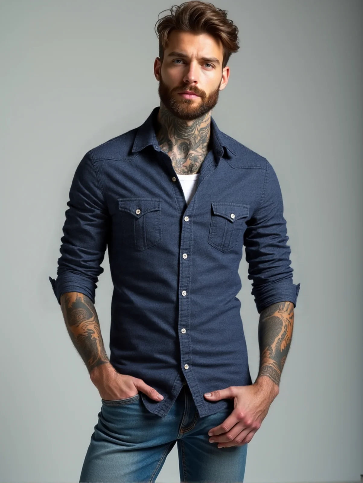 RVHS Elastic Cotton Denim Shirt Men Long Sleeve Quality Cowboy Shirts for Men Casual Slim Fit Mens Designer Clothing