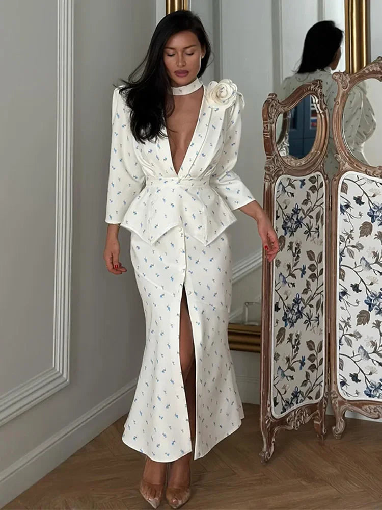 Women Floral Dress Choker Tie Midi Dress Deep V Long Sleeve Belt Waist Club Mini Dress Summer Wear Woman Clothes Daily Outfit