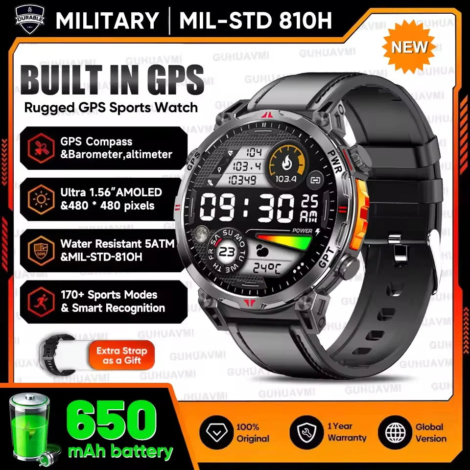New Upgrade GPS Outdoor Sports SmartWatch Men With 5ATM Swim Compass Altimeter 1.56" AMOLED Heart Rate Bluetooth Call Smartwatch