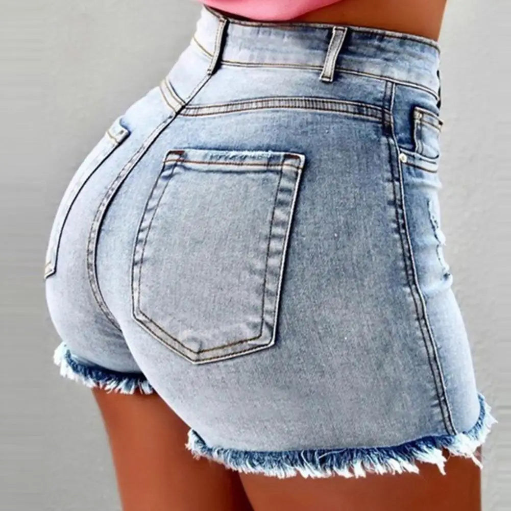 Women's High Waist Distressed Denim Shorts | Retro Slim Fit