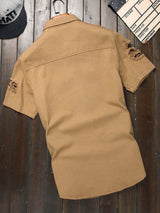 Men's Brown Distressed Ripped Short-Sleeve Denim Shirt, Summer Casual Lapel Button-Up Workwear Blouse with Chest Pocket