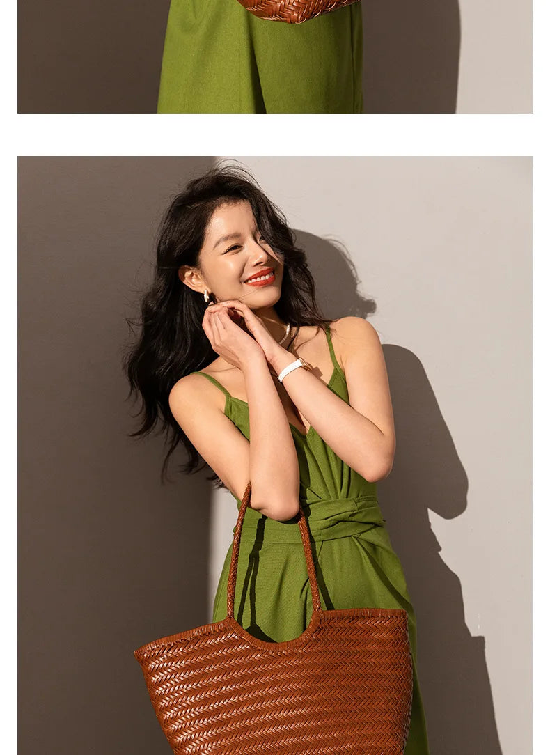 Leather woven bag, large-capacity women's tote bag, holiday leisure top layer cowhide shoulder bag, vegetable basket bag.