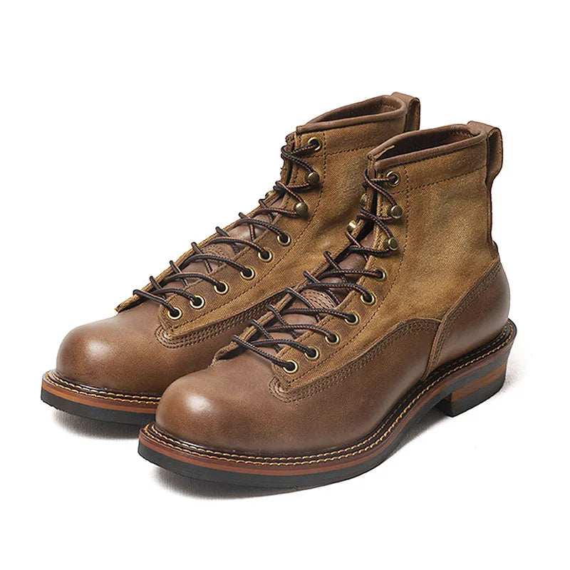 KOWM Hiking shoes men's walking boots British cowhide high top motorcycle boots ankle casual sneakers trekking shoes thick soled