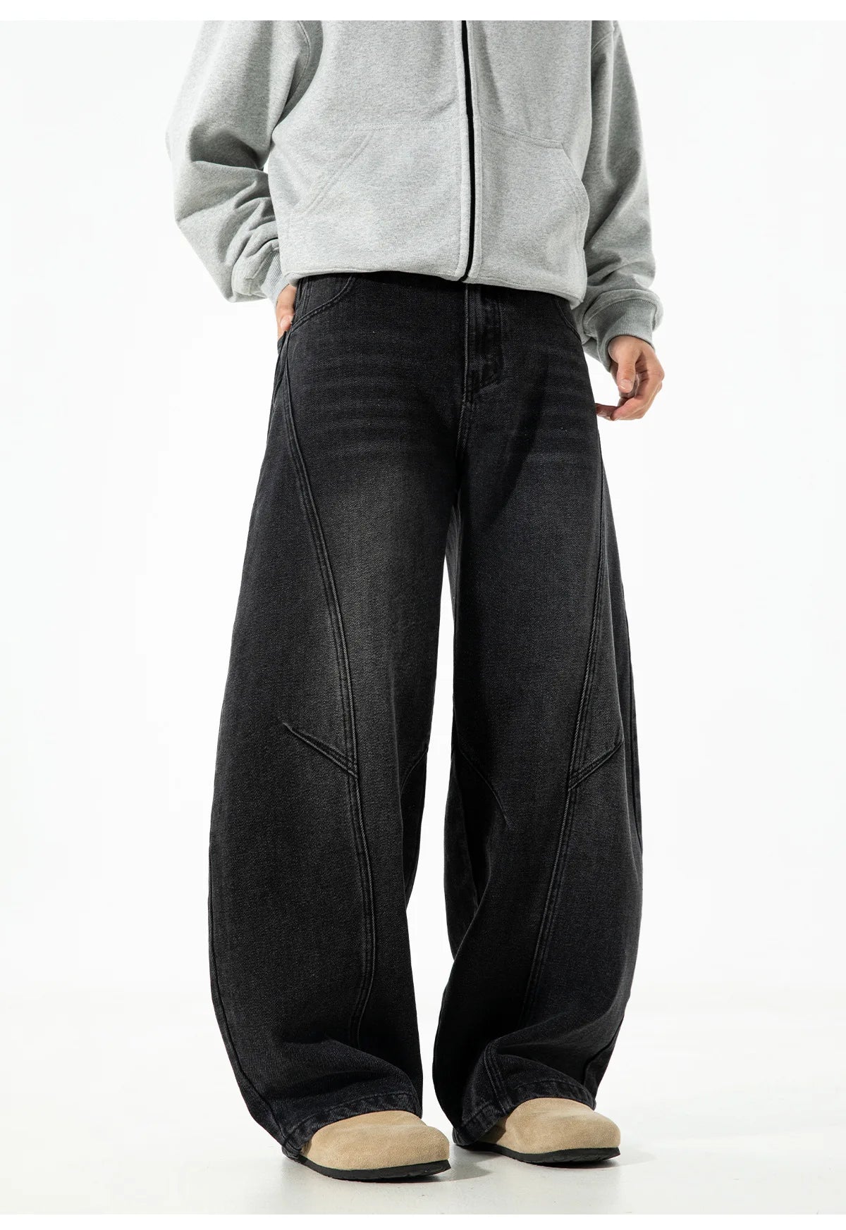 Autumn Retro Structured Split Washed Distressed Curved Jeans with Men's Silhouette Loose Straight Leg Pants Trendy Street Style