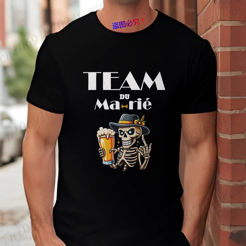 French Funny Single Farewell Bachelor Party T-shirt Wedding Beer Skeleton Tops Evg Team Married Tee Future Groom Man Squad Shirt