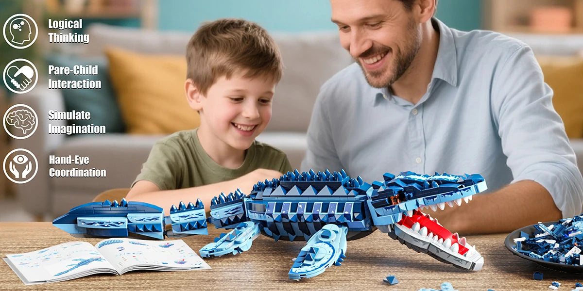 805PCS Blue Dinosaur Building Blocks Toys Model Mosasaurus Dinosaur Assemble Puzzle Bricks Toy Sets For Kid Ornament Gifts