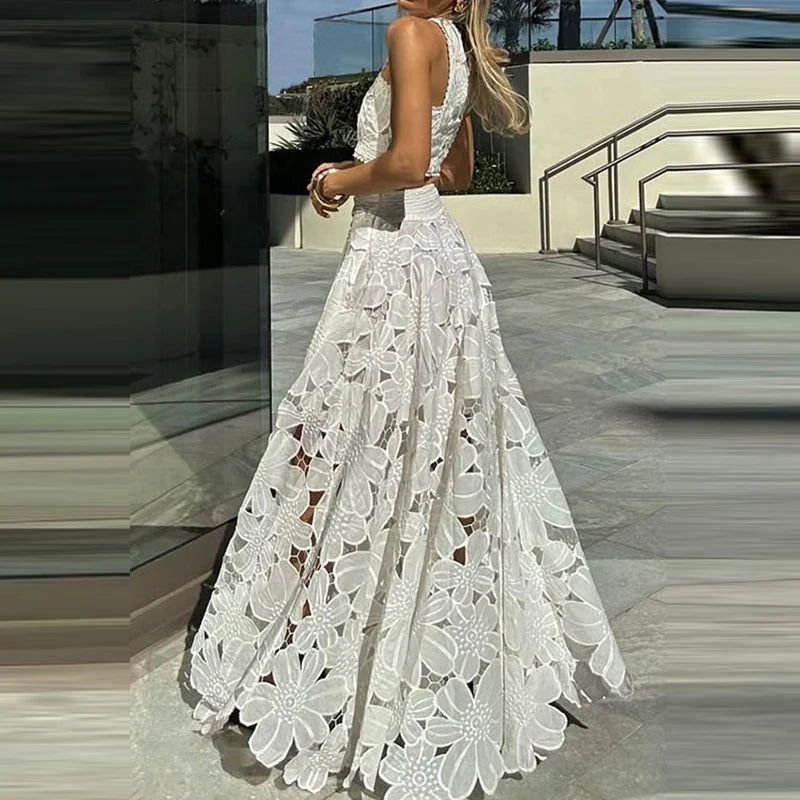 Elegant Boho Lace Embroidery 2-Piece Set | Sleeveless Crop Top & Maxi Skirt