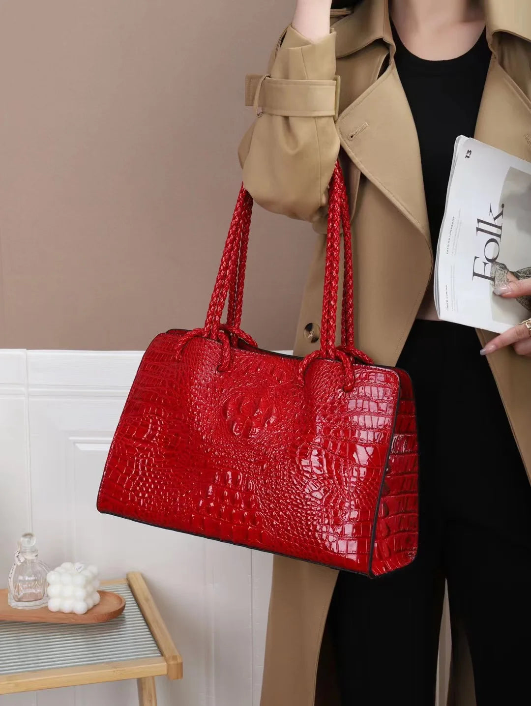 Luxury Genuine Leather Women's Bag Red Crocodile Pattern Ladies Handbags Tote Bag Fashion Travel Portable Shoulder Underarm Bags