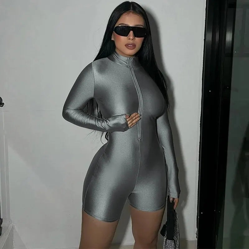 Long Sleeve Zip-Up Bodycon Romper