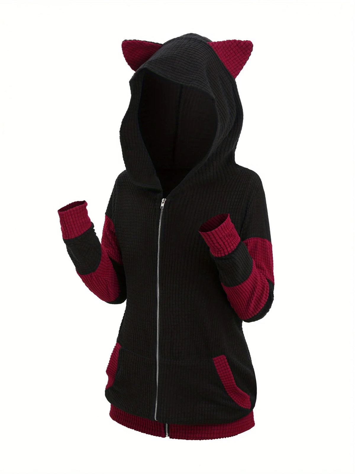 Women's Cat Ear Colorblock Zip-Up Hoodie
