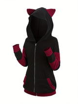 Women's Cat Ear Colorblock Zip-Up Hoodie