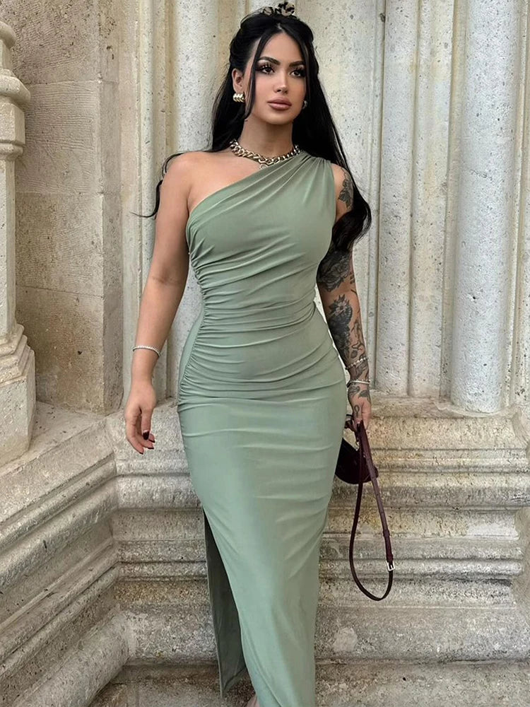 Women's One-Shoulder Sleeveless Backless Split Midi Dress