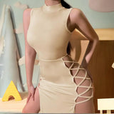 Sleeveless Turtleneck Bandage Slit Dress