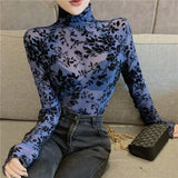 Women's Flocking Mesh Long Sleeve Top Floral Turtleneck