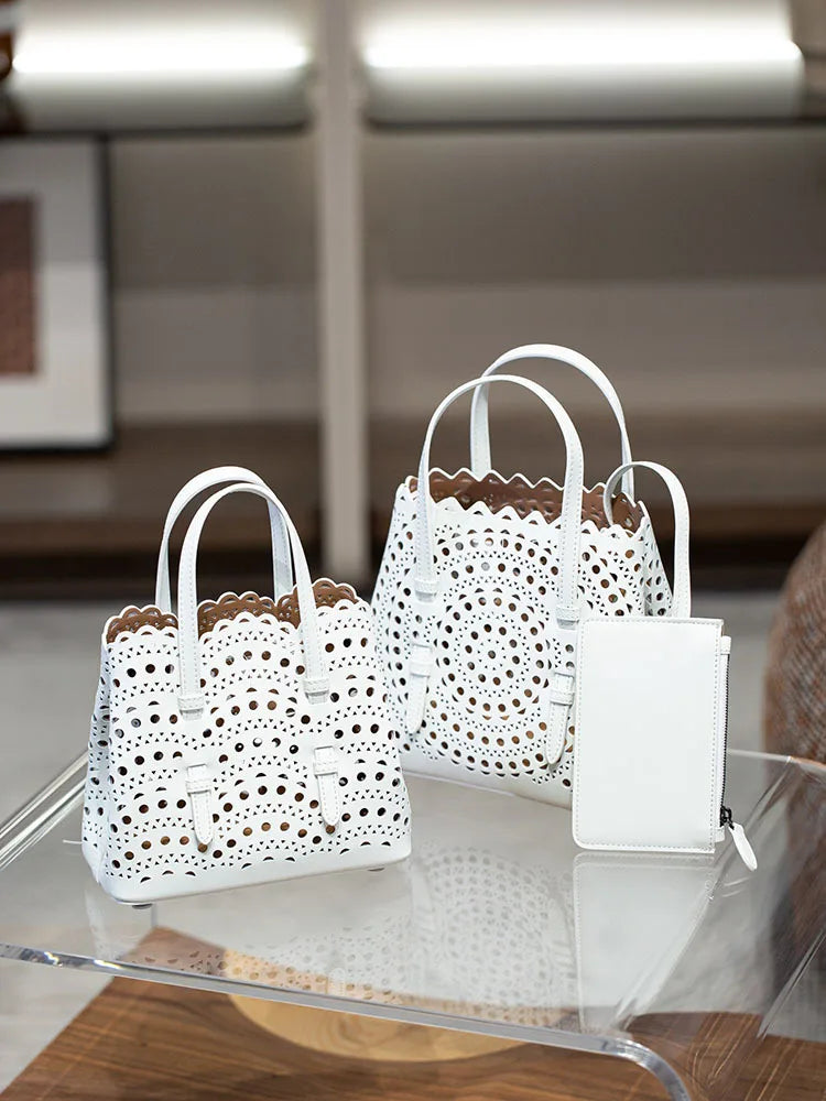 New Tote Bag French Cowhide Handmade Bag Niche Laser Engraved Hollow Leather Vegetable Basket Bag Casual Versatile Temperament