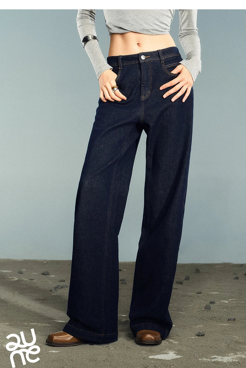 TOYOUTH Women Denim Jeans 2025 Autumn New Lycra Stretch Washed Wide Leg Straight Long Pants