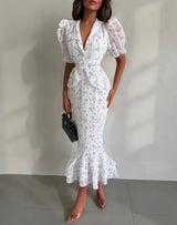 Women Elegant Printed V-neck Dress Chic Lapel Waist Cinched Pleated High Waisted Dresses 2026 Summer New Lady Vacation Gowns