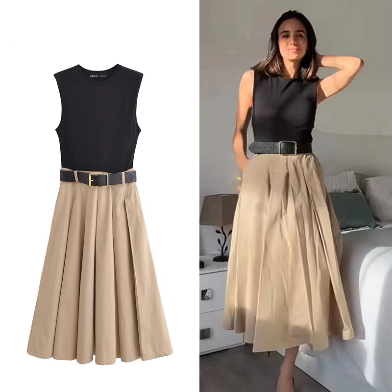 Elegant Pleated Sleeveless Midi Dress