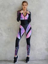 Sporty Patchwork Zip-Up Jumpsuit - Letter Print Slim Fit