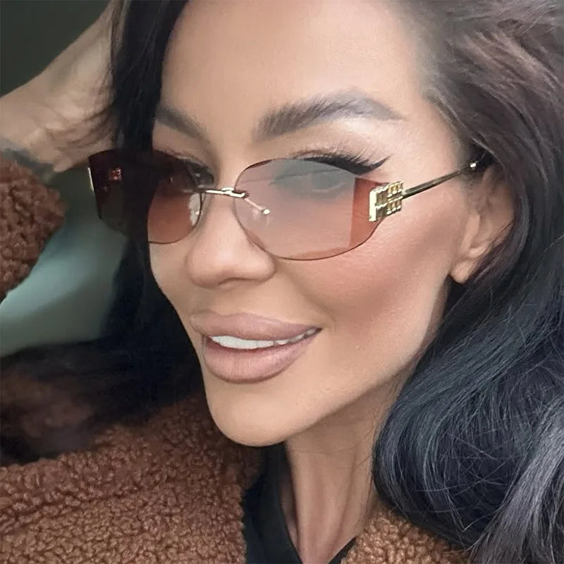 Oversized Rimless Oval Sunglasses – UV400 Metal Frame