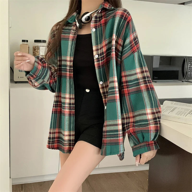 Vintage Plaid Long-Sleeve Blouse