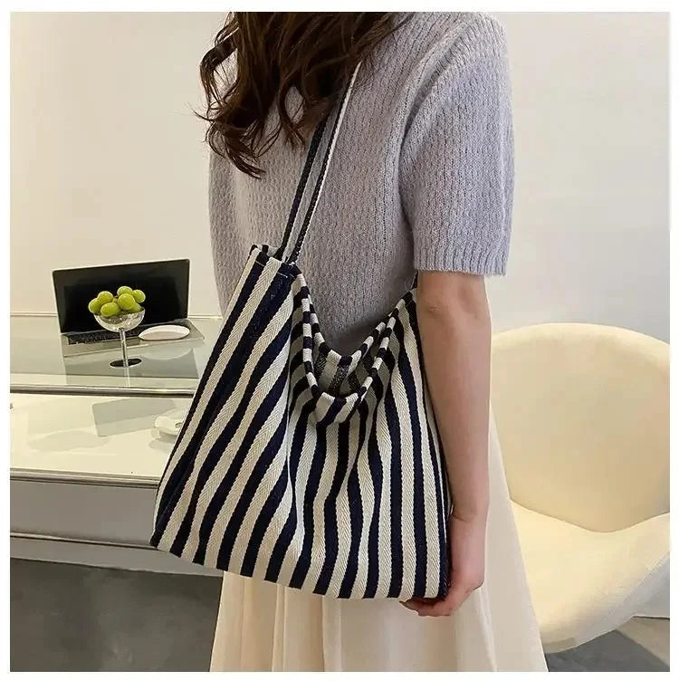 Female Casual Multifunctional Travel Top-handle Handbag Large Capacity Canvas Women Shopper Tote Simple Striped Shoulder Bag2025