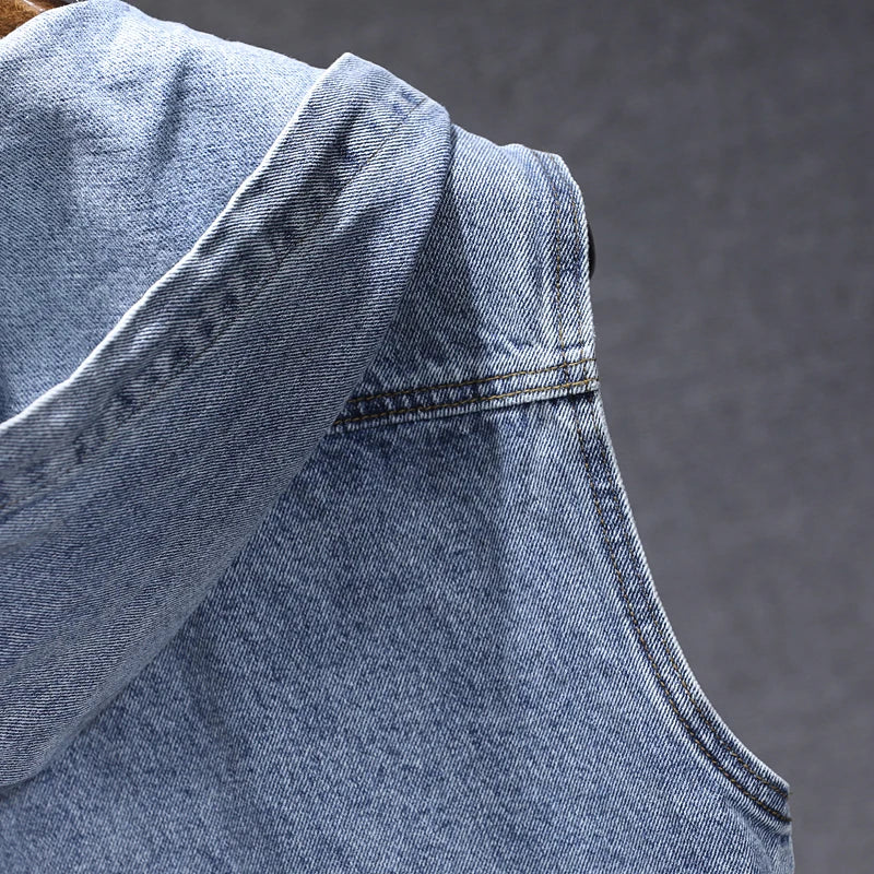 New Men's Loose Workwear Denim Vest with Hood Sleeveless Everyday Versatile Shoulder Pad Jacket Casual Unisex Outerwear