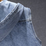 New Men's Loose Workwear Denim Vest with Hood Sleeveless Everyday Versatile Shoulder Pad Jacket Casual Unisex Outerwear