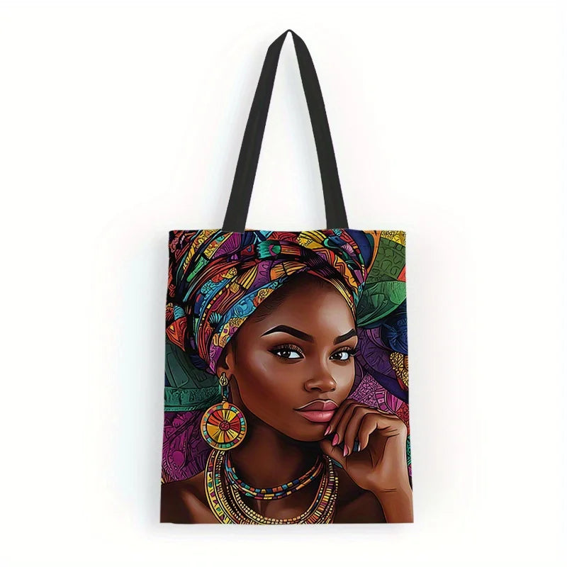 African Women Print Linen Tote Bag, Aesthetic School Shoulder Bag, Lightweight Grocery Shopping Bag