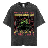 The Horrors Are Never Ending Yet I Remain Silly T-shirt Funny Japanese Style Frog Retro Washed T Shirt Men's Oversized Tees Tops