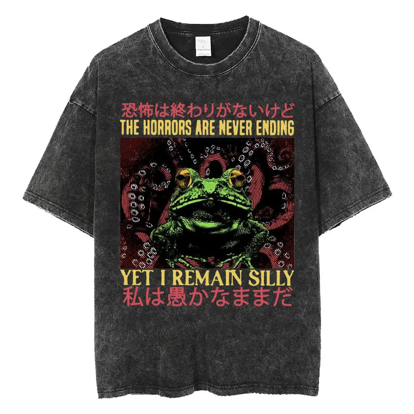 The Horrors Are Never Ending Yet I Remain Silly T-shirt Funny Japanese Style Frog Retro Washed T Shirt Men's Oversized Tees Tops