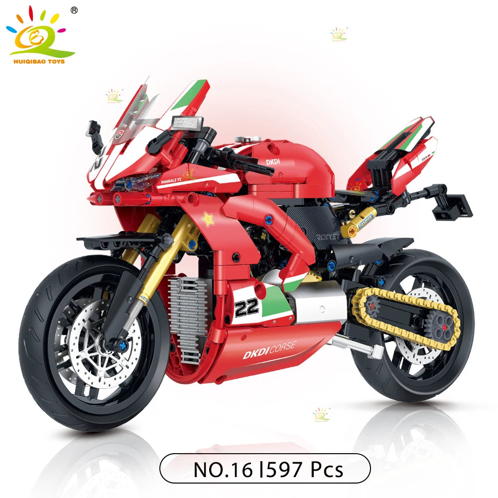 HUIQIBAO 1:8 Classic Motorbike Building Blocks High-tech Model Moto City Racer Bricks Toy for Kid Boy Children Adult MOC Car Set