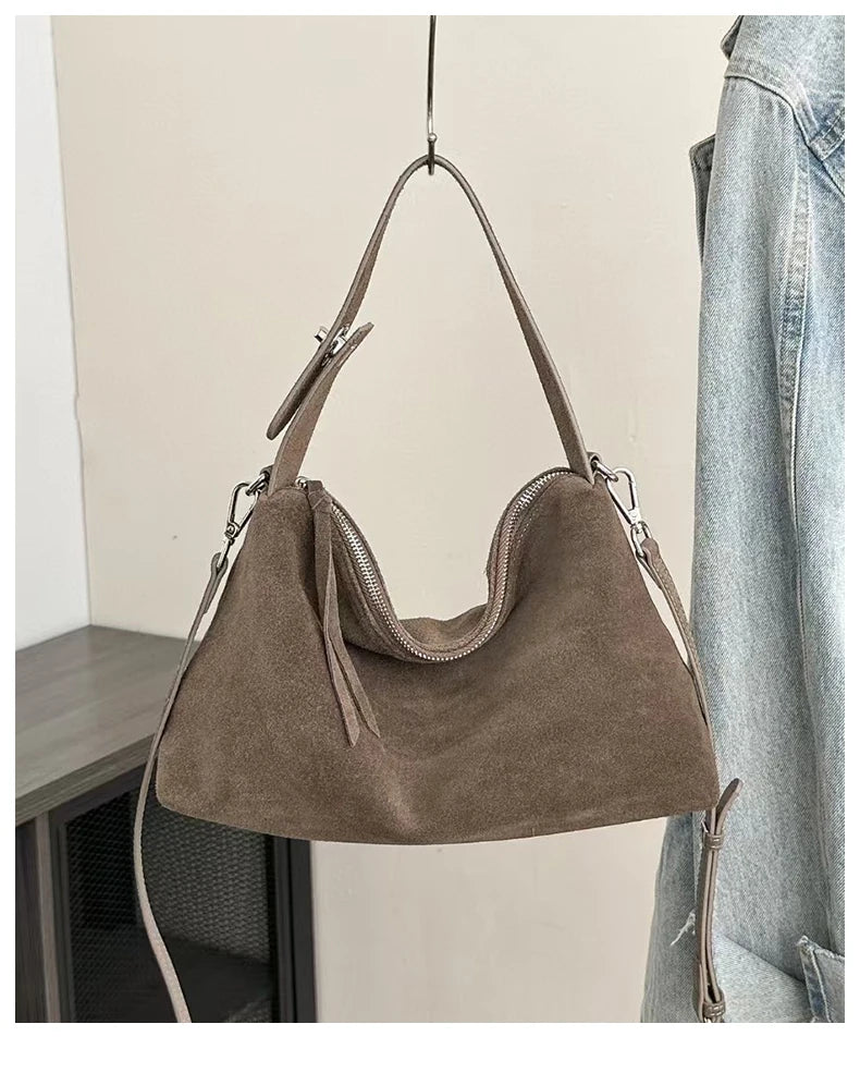 Russian Women's Genuine Suede Cowhide Leather Shoulder Bag Retro Frosted Cow Large Capacity Versatile Commuting Luxury Designer