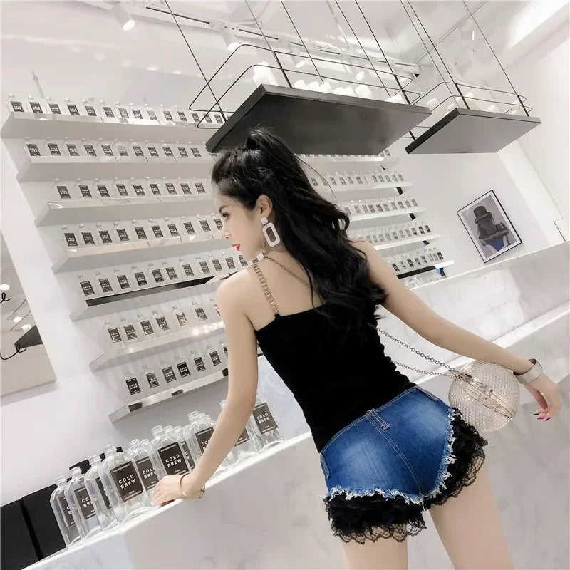 Women's Y2K Low-Waist Lace Denim Shorts - Sweet & Spicy Style