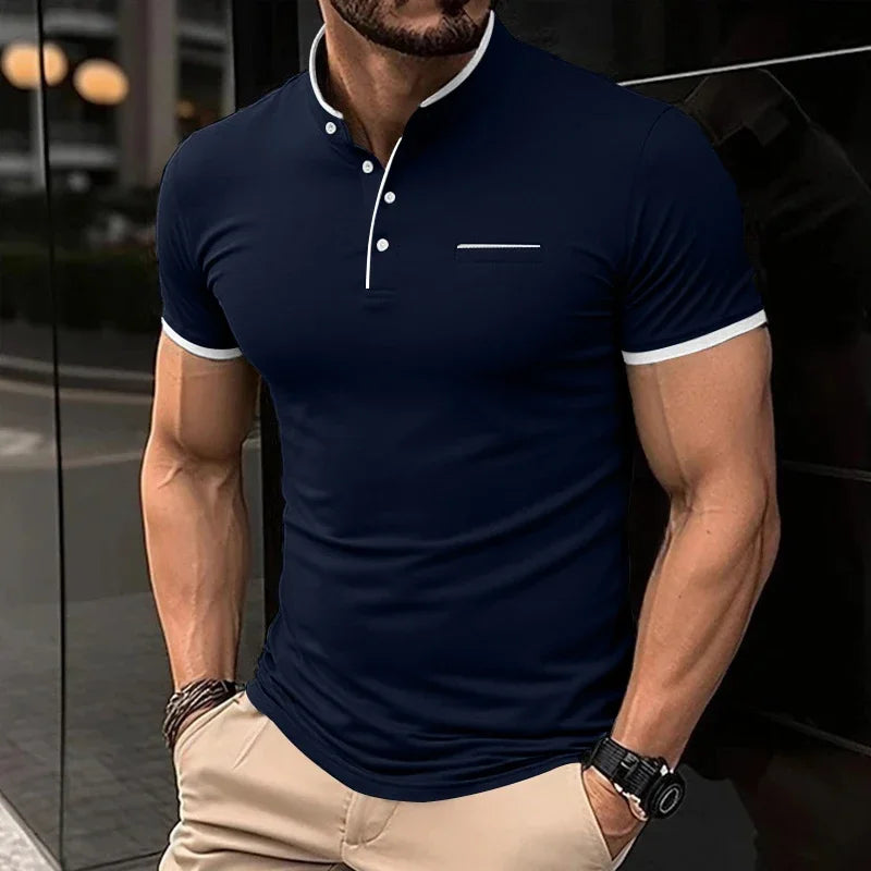 Men's Stand Collar Polo Tee – Solid, Anti-Wrinkle
